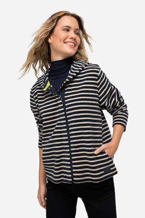 Hoodiejacke, geringelter Fleece, Kapuze, Langarm