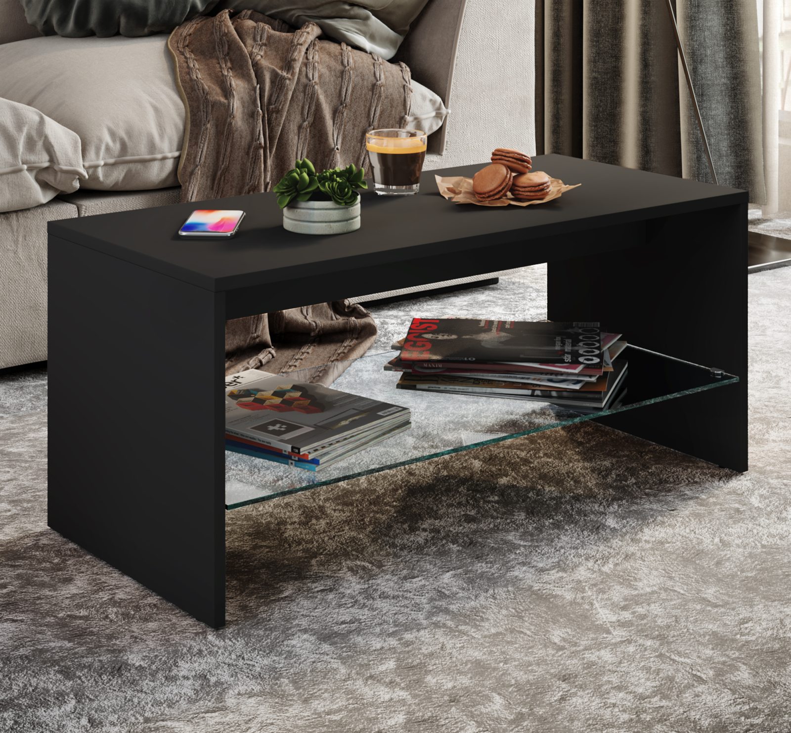 Couchtisch WISAL - schwarz - Glasablage - 90 cm