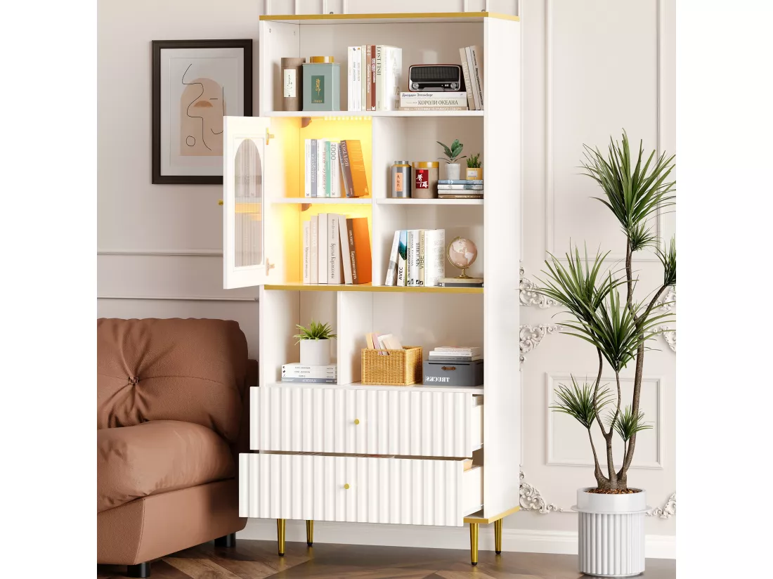 Vitrine avec 2 tiroirs, 1 porte et compartiments ouverts - 78 x 36 x 190 cm - LEDs - Panneaux de particules - Blanc