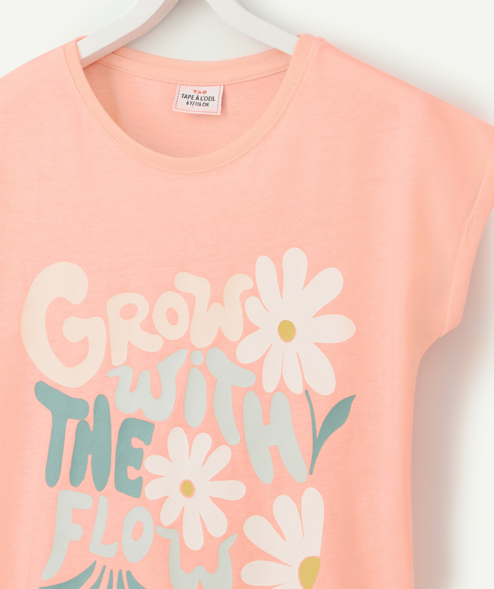T-SHIRT FILLE EN COTON BIO ROSE NÉON AVEC MESSAGE ET FLEURS