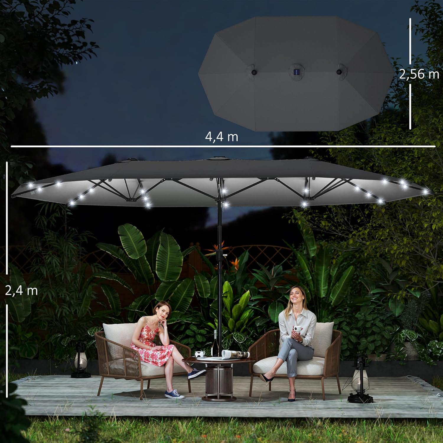 Outsunny Sonnenschirm mit LED Doppelsonnenschirm 443 x 260 cm Gartenschirm Marktschirm groß Terrassenschirm mit Handkurbel Oval Metall
