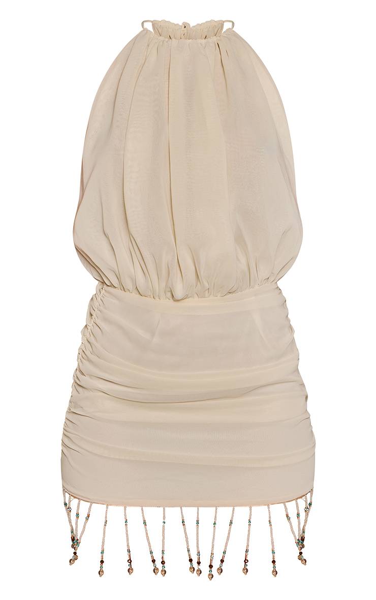 Crème Robe Mini En Mousseline Col Montant Dos Nu Avec Ourlet À Franges