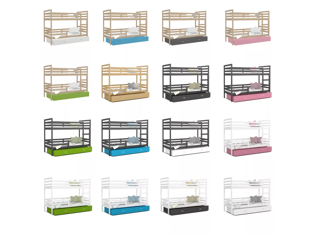 Lit Superposé Milo 90x190 Pin - blanc Livré avec sommiers, tiroir et matelas en mousse de 7cm