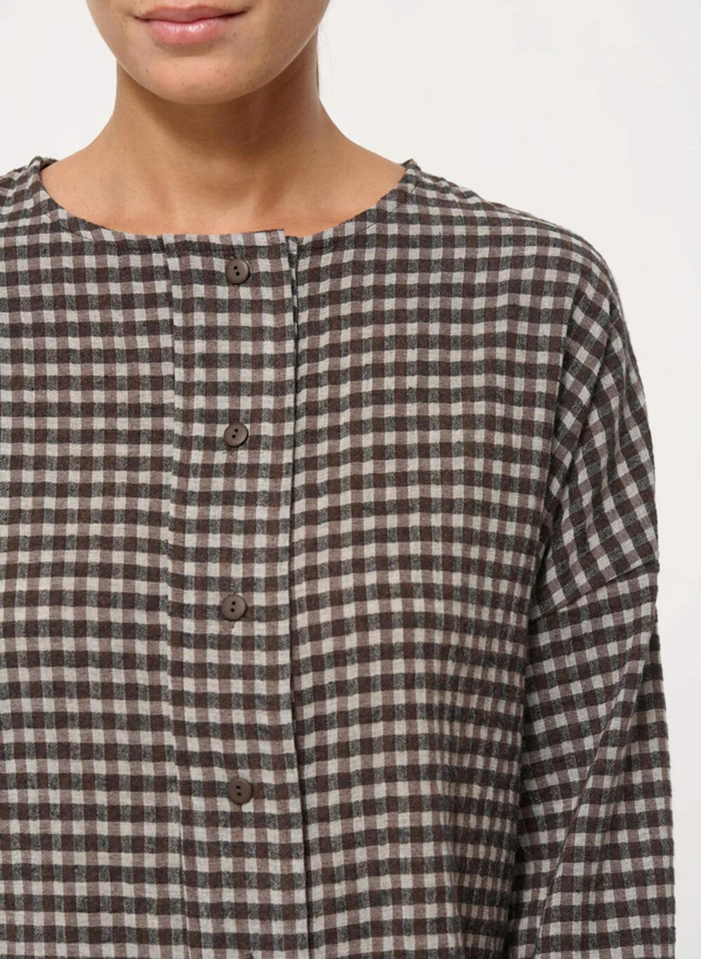 Chemise col rond ample en coton mélangé à carreaux | Marron