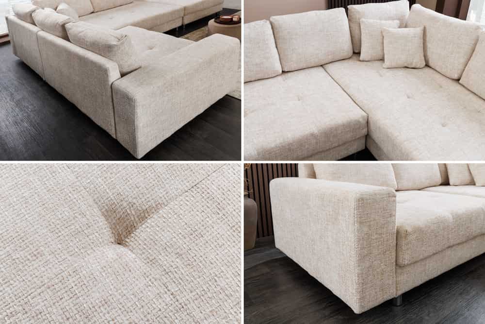 Moderne Wohnlandschaft KENT 220cm champagner beige Strickstoff Ecksofa inkl. Hocker