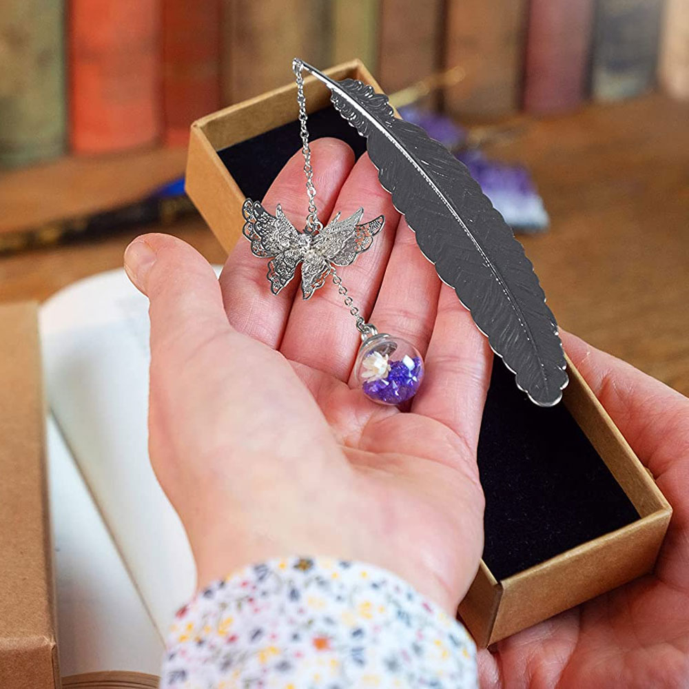 Metall Buch Lesezeichen Feder Seiten Markierungen mit Glasperle   3D Schmetterling - Gold / Lila