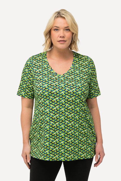 Longshirt, Zacken, A-Linie, V-Ausschnitt, Halbarm