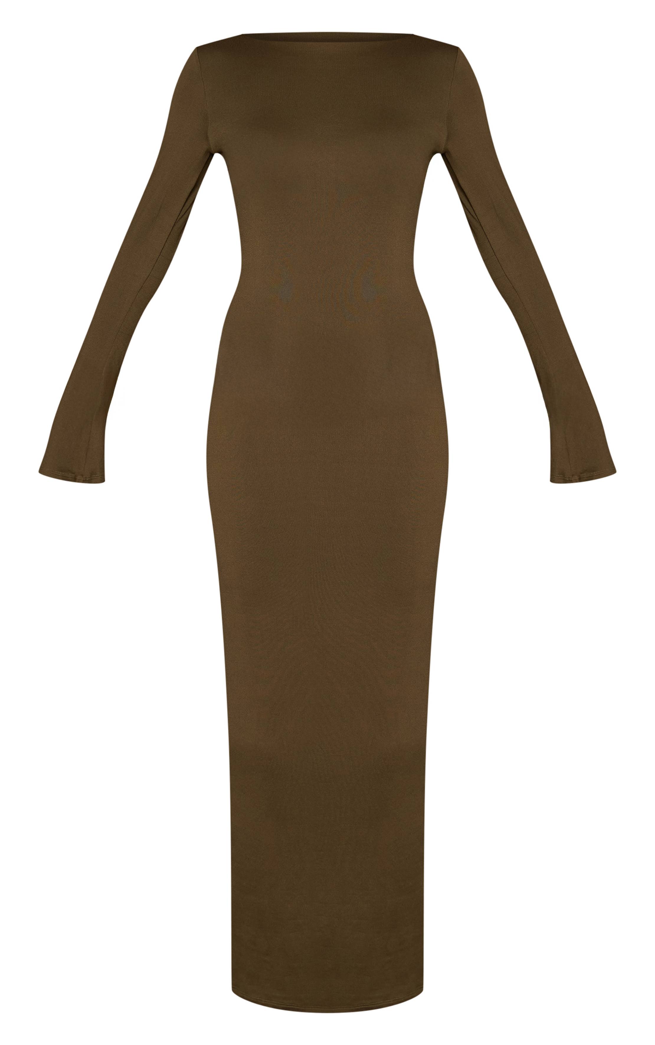 Dark Khaki Robe Maxi À Manches Longues En Jersey Doux Au Toucher