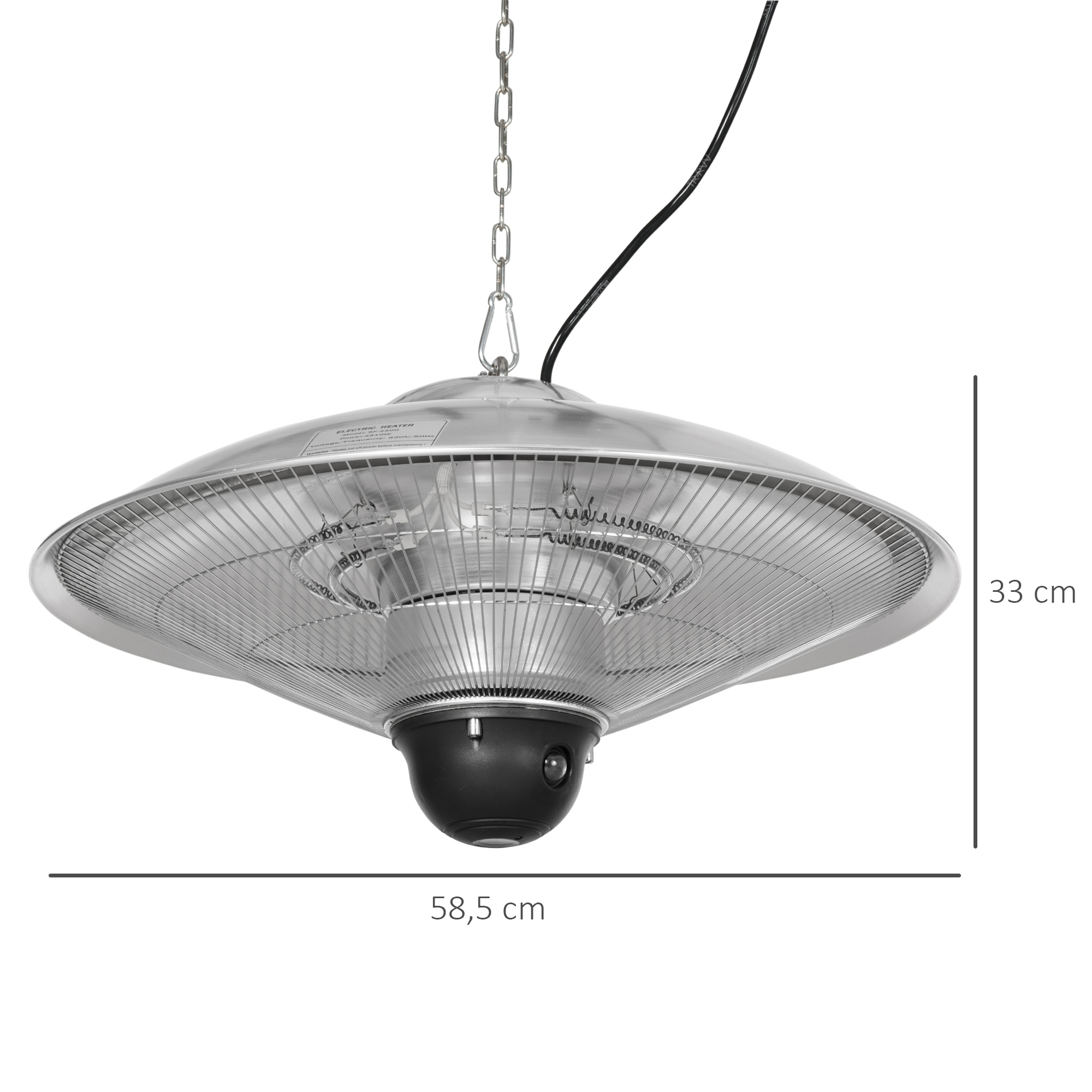 Aquecedor de teto externo Outsunny 1010/2210W, aquecedor infravermelho com controle remoto, 2 níveis de aquecimento, proteção IP44, alumínio para terraço e pátio interno, Ø58,5x33 cm, prata