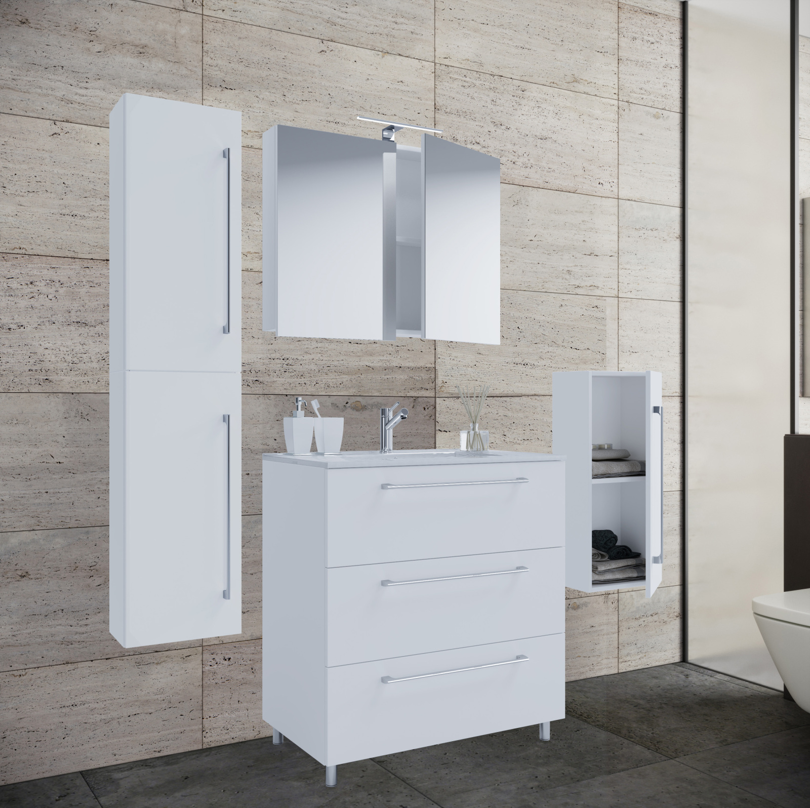 5-tlg. Badmöbel-Set BADINOS - weiß - mit Spiegelschrank - 80 cm