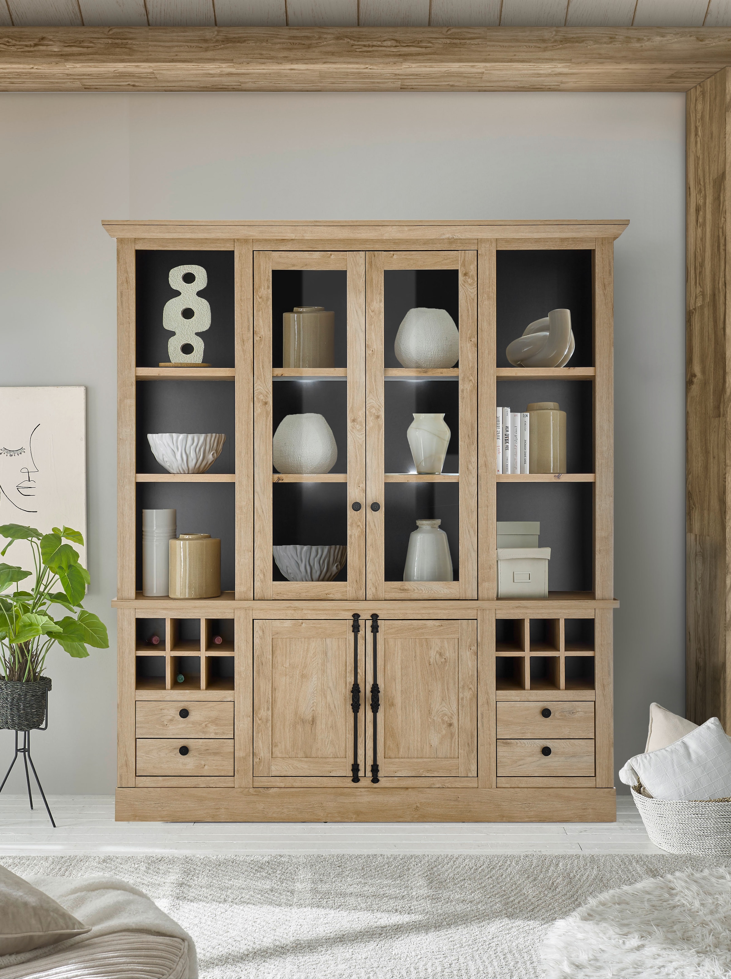 Home affaire Buffet »Cornwall, Küchenschrank im Landhausstil, Anrichte, Eiche Dekor« 1 Stk. tlg. Metallgriffe, 193 cm breit, viel Stauraum, inkl. Flascheneinteilung