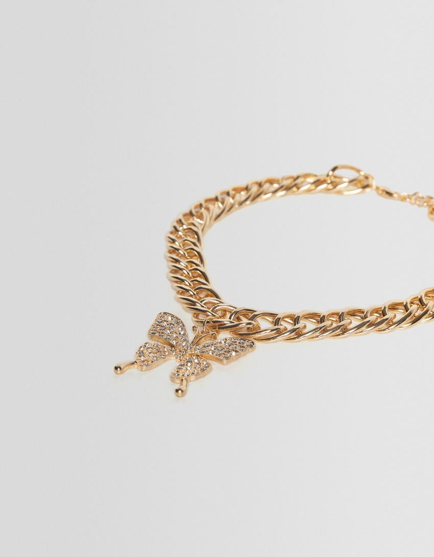 Colar gargantilha com corrente e borboleta de strass