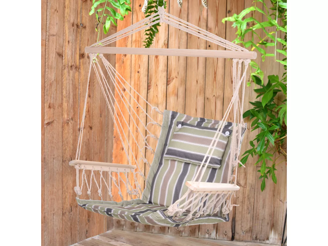 Chaise suspendue hamac de voyage respirant portable dim. 100L x 49l x 106H cm coton macramé polyester multicolore rayé