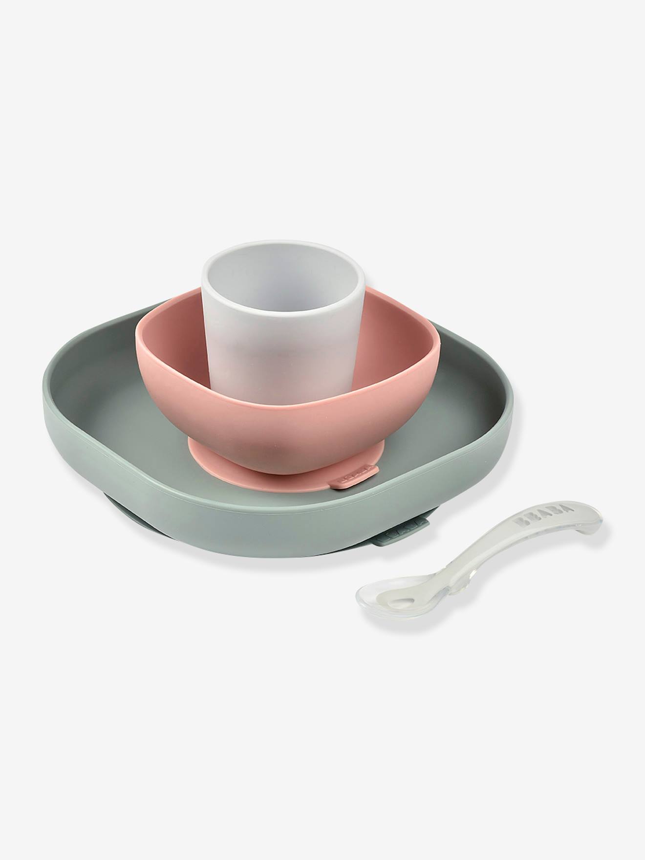 Conjunto de jantar de silicone BEABA com 4 peças, rosa claro, bicolor/multicolorido