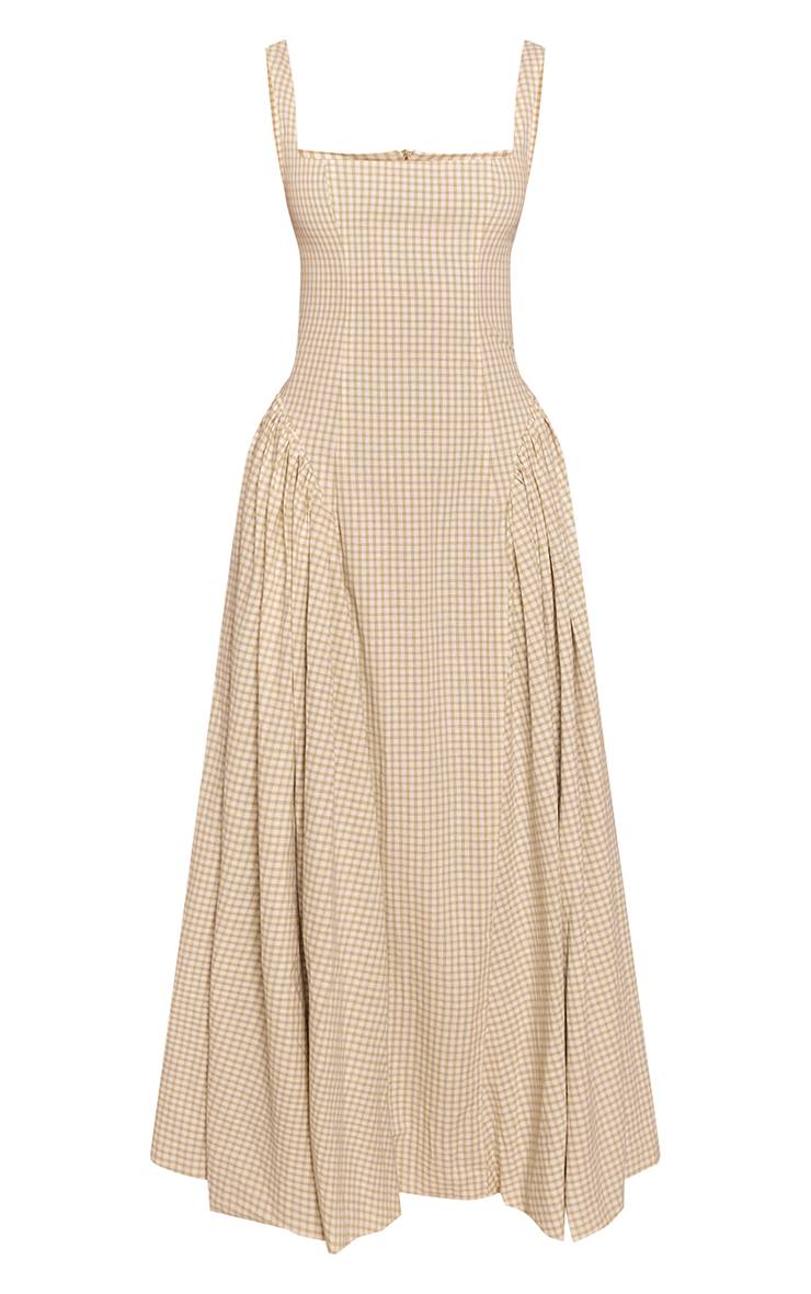 Vert Sauge Robe Longue À Carreaux Vichy Avec Encolure Carrée