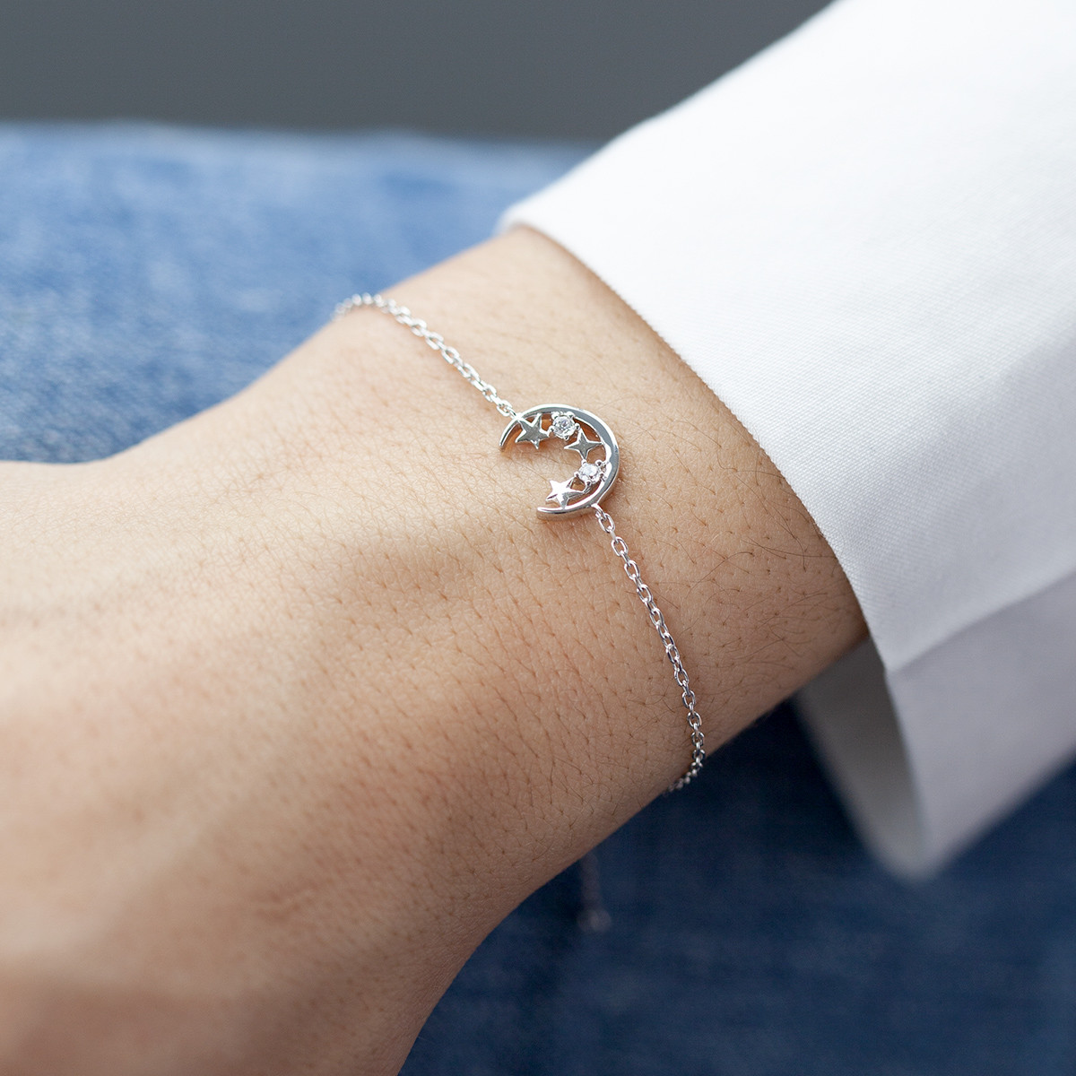 Bracelet argent 925, motif lune et étoile zirconias 18 cm