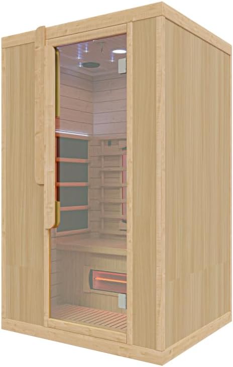 Infrarotkabine 2 Personen | Hemlockholz natur | 125x105x200cm | Ganzglastür Klarglas | Redlight & Mica-Heizung 2,05kW | Fronteinstieg | Wärmekabine für Zuhause | MP3 & Becherhalter