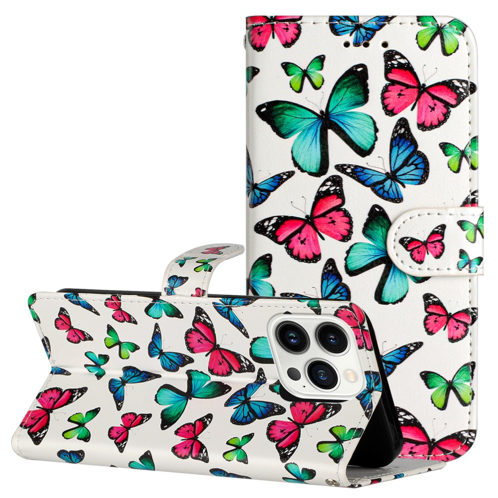 iPhone 16 Pro Leder Tasche Hülle mit Kartenfach Bunte Schmetterlinge