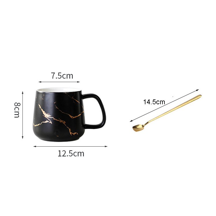 (2er Set) Keramik Kaffee Tasse Marmor Home Tee Cup mit Deckel   Löffel - Schwarz / Weiss