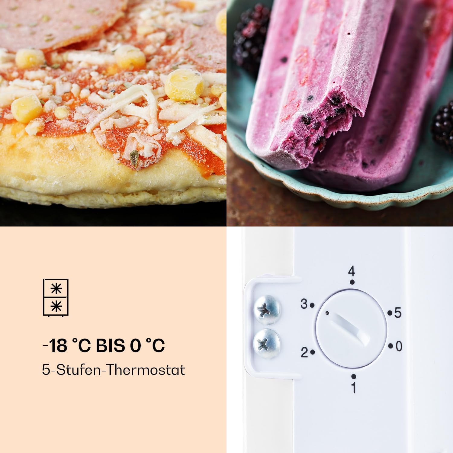 Klarstein Laika Gefrierschrank - 60 Liter Gesamtvolumen, Thermostat mit 5 Stufen, 0 bis -18 °C, 3 Einschübe, freistehend, Retro-Design, creme