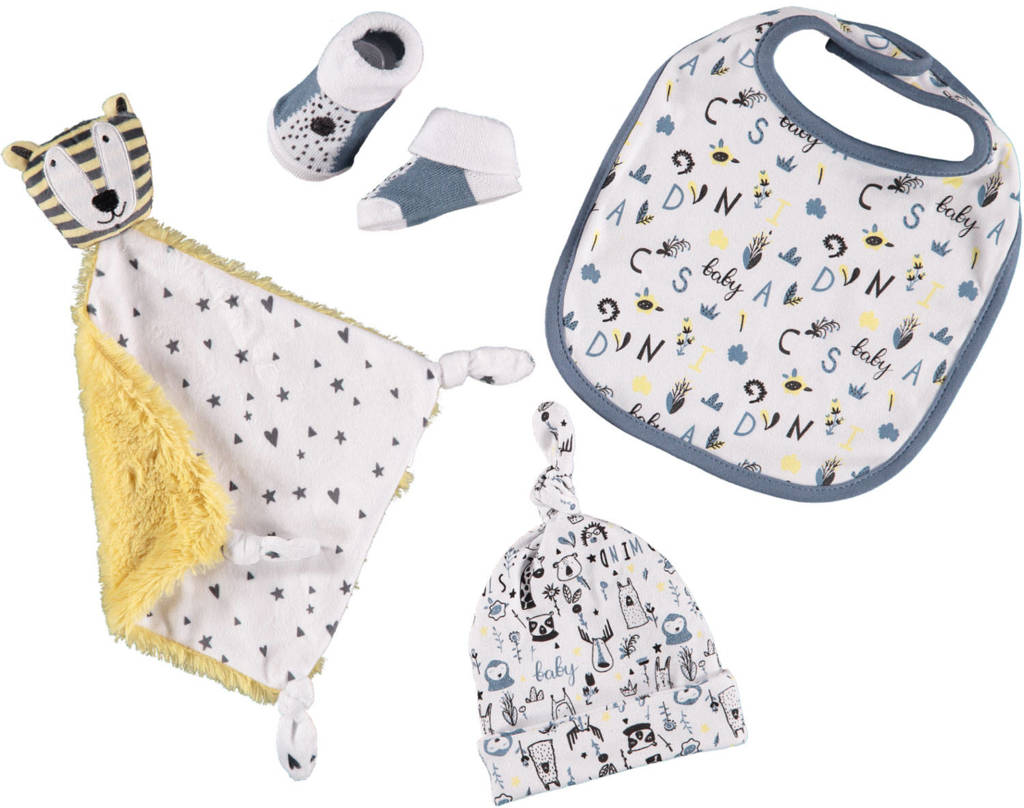 baby geschenkset Animals blauw/wit/geel