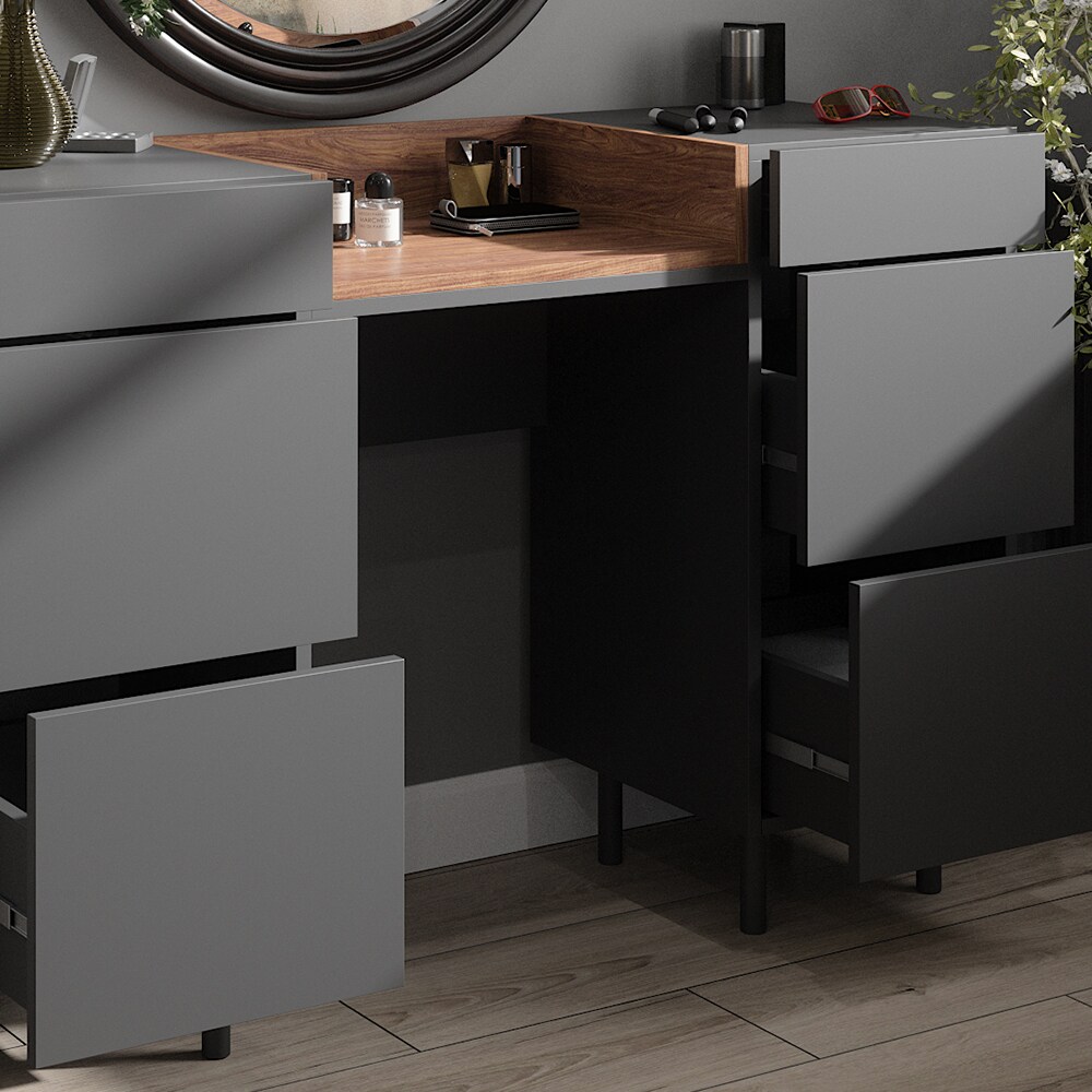 Vicco Schminktisch Anika, 120 x 80 cm, Anthrazit Walnussbraun mit 6 Schubfächer
