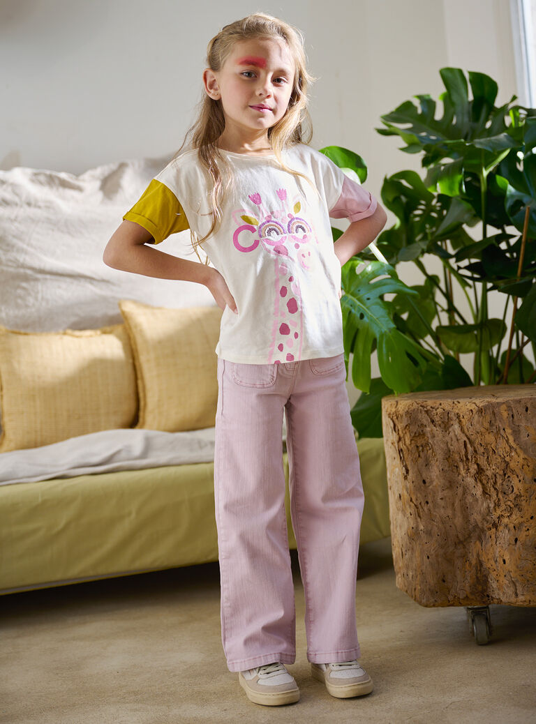 T-shirt écru animation girafe à lunette pour fille