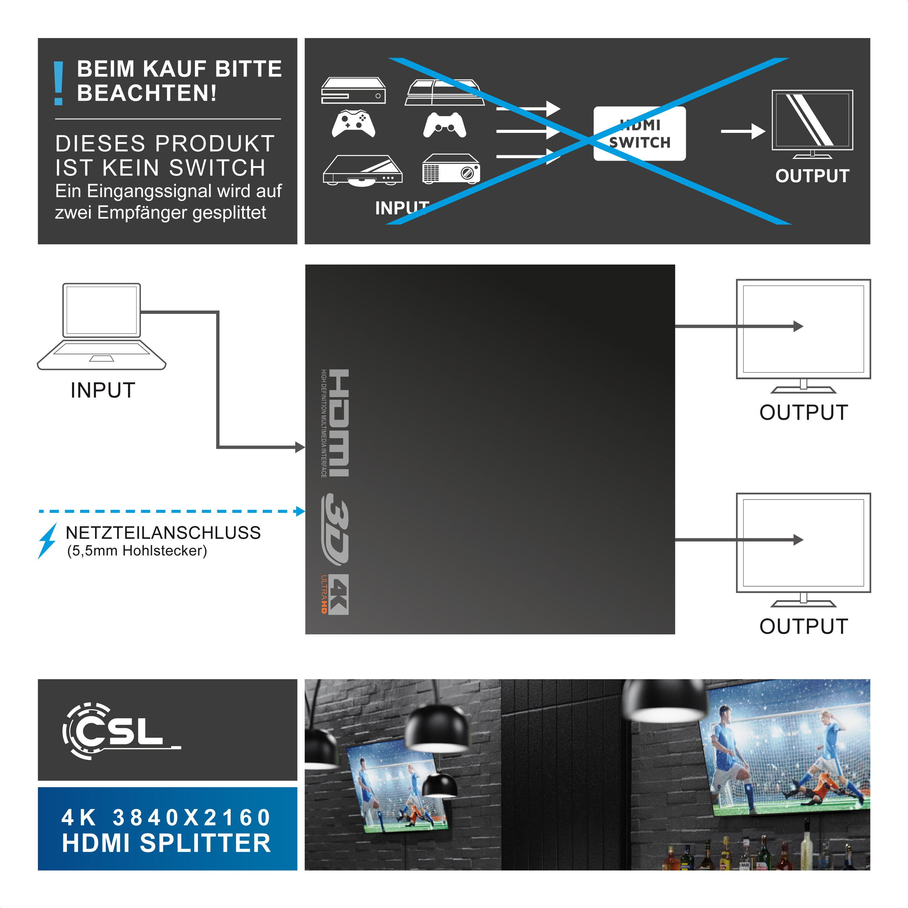 CSL - HDMI-Splitter, Mini 4K UHD 2-Port Verteiler 1x HDMI Eingang zu 2x HDMI Ausgang