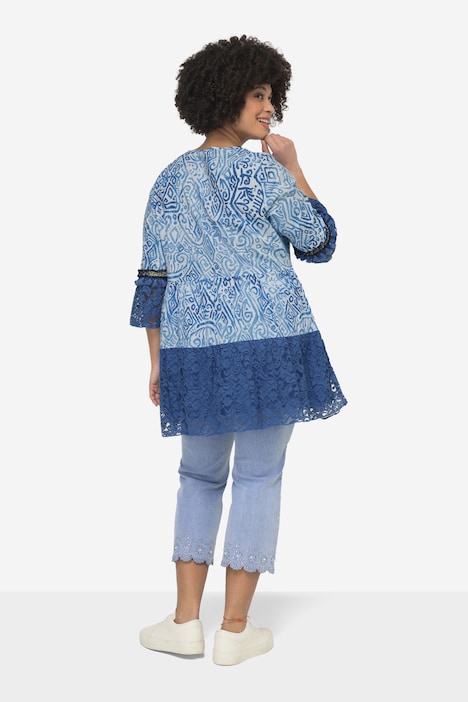 Tunika, A-Line, Voile, Alloverdruck, Spitzen-Volants