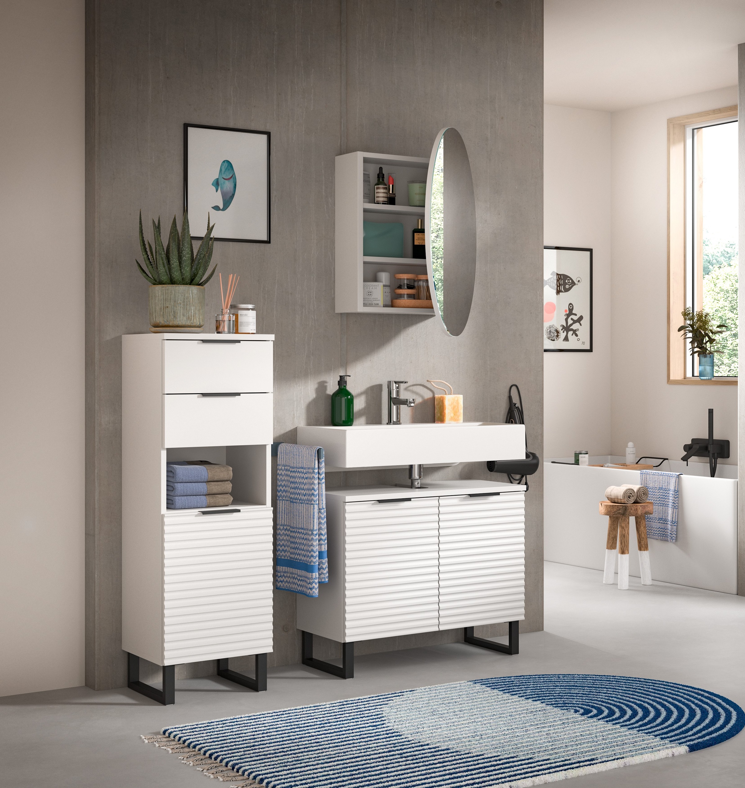welltime Badmöbel-Set »Litica, Breite 120 cm, hochwertige Rillenfräsung, Metallkufen« 3 Stk. tlg.