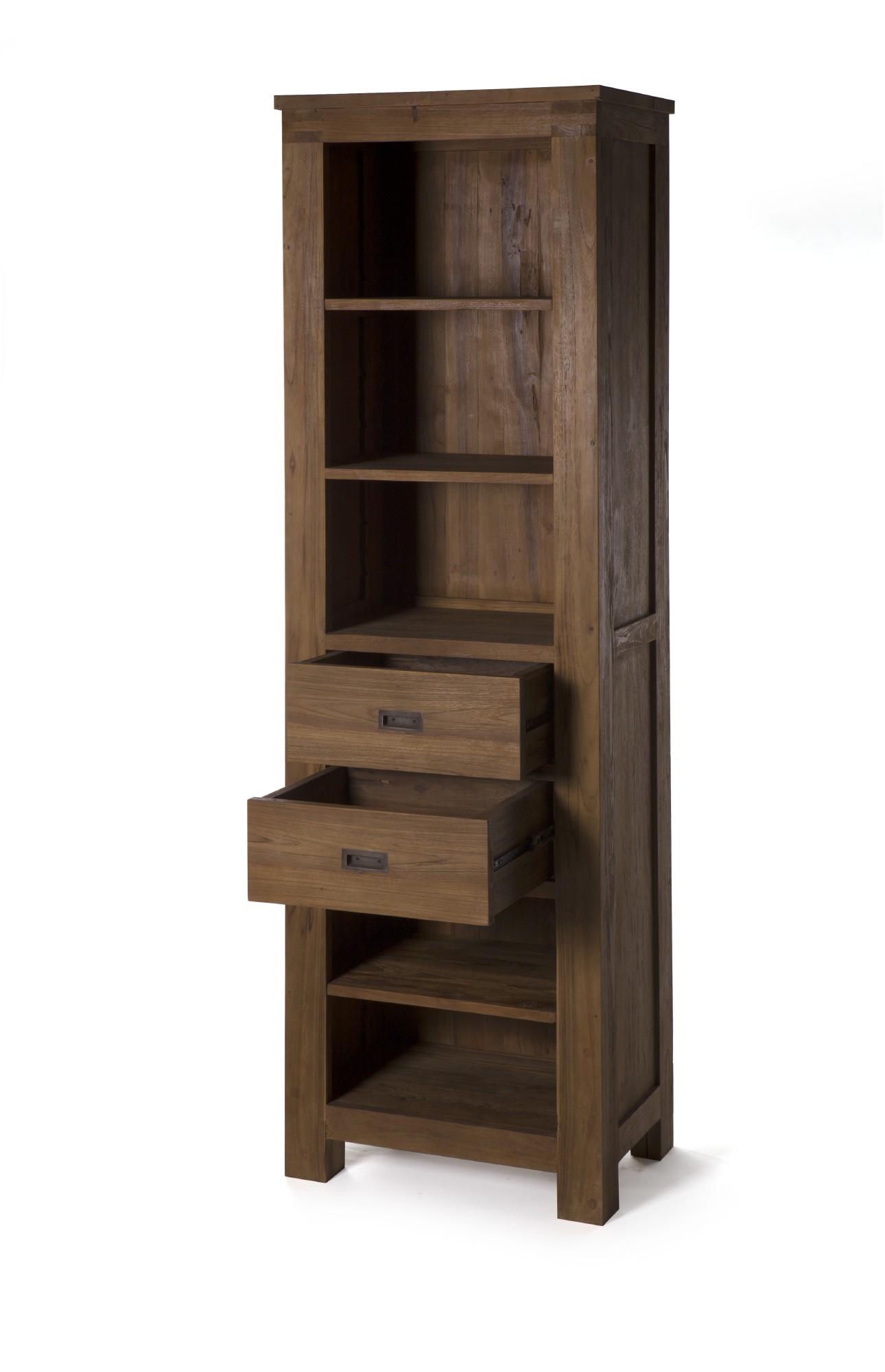 Bücherschrank aus Teak, 5 Fächer, 2 Schubladen, braun, T 40 cm, B 60 cm, H 200 cm von fischer's lagerhaus