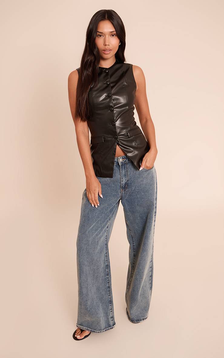 Noir Gilet Long En Synthétiquecuir