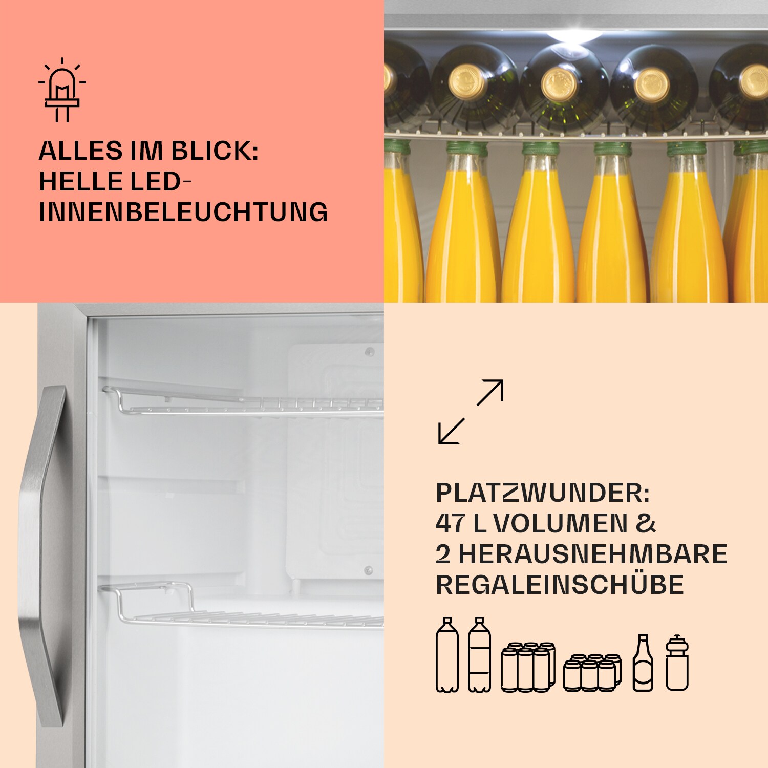 Beersafe L Crystal White Kühlschrank 47 Ltr 2 Böden Glastür Edelstahl