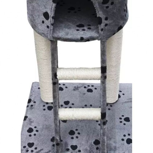 Arranhador de luxo para gatos, cinza, com pegadas de patas.