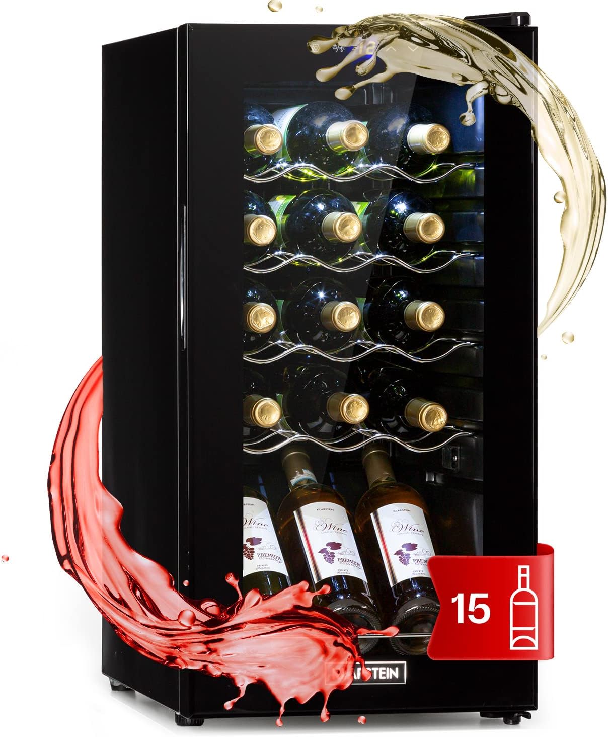 Klarstein Weinkühlschrank, 1 Zonen Getränkekühlschrank Klein, Kleiner Weinschrank 53L, Wein-Kühlschrank Klein mit Glastür, Indoor/Outdoor Flaschenkühlschrank, Wine Fridge 5-18°C, 15 Flaschen