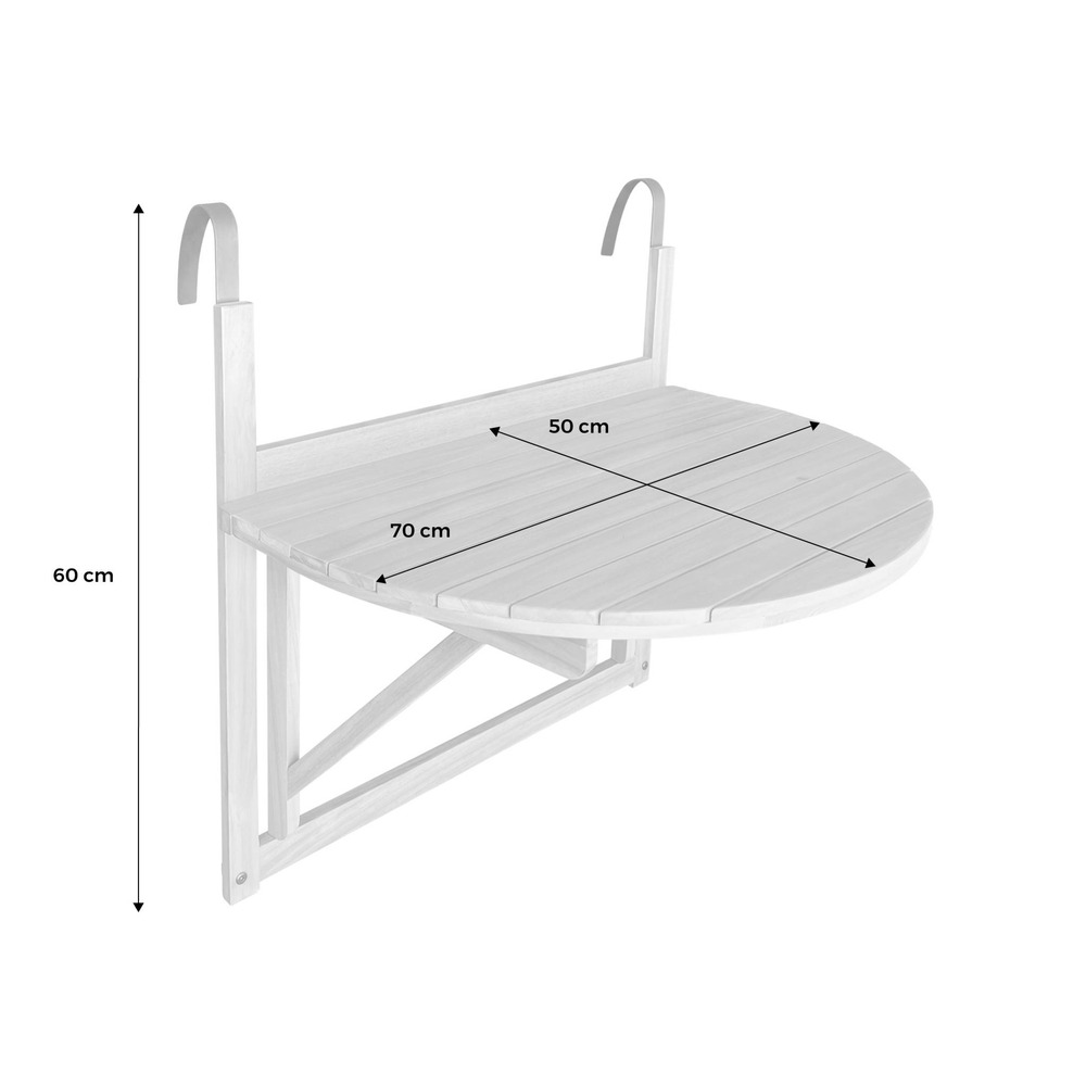 Table d'appoint en bois pour balcon. Semi-arrondie. Rabattable. Hauteur ajustable