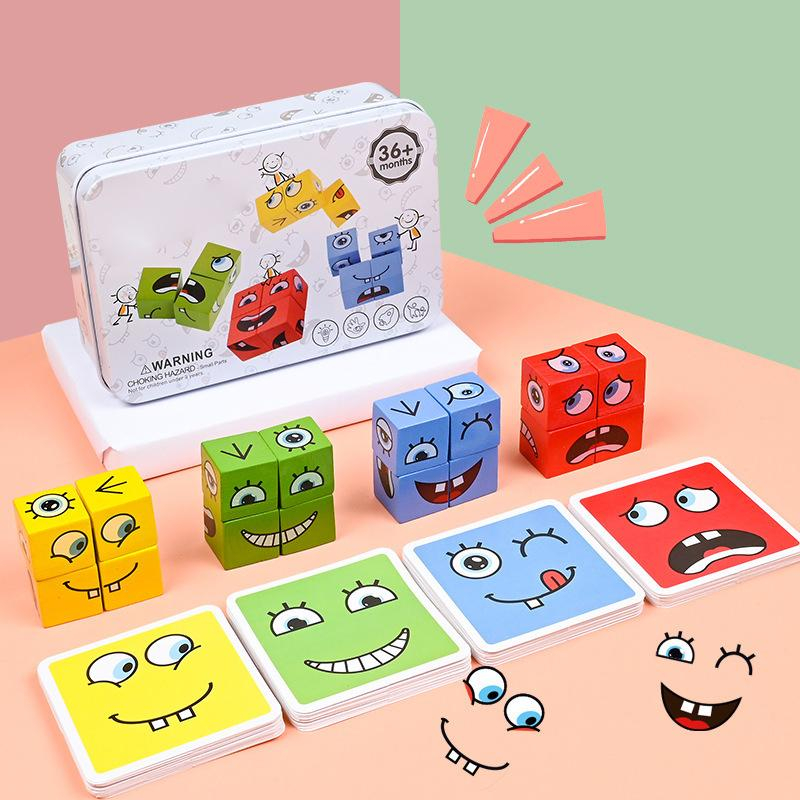 (76-tlg. Set) Kinder Holz Würfel Puzzle Spiel Bilderwürfel Lern Spielzeug mit Vorlage Karten - Gesichter