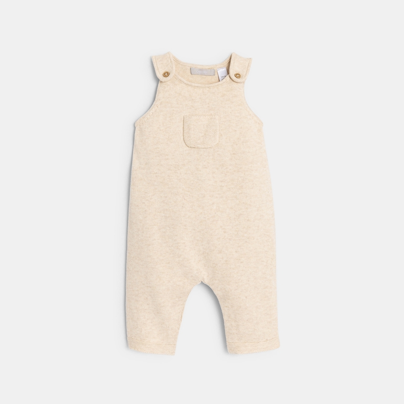 Salopette en tricot et body en coton beige naissance