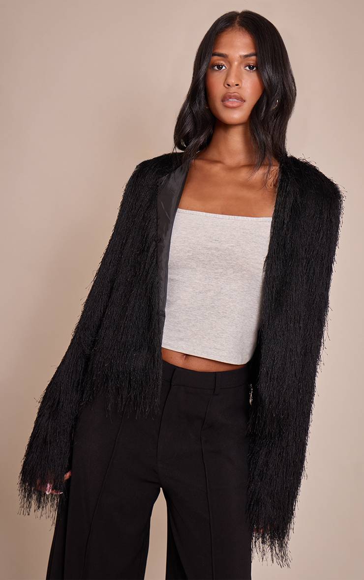 Noir Veste À Franges Sans Col Pour Grande Taille