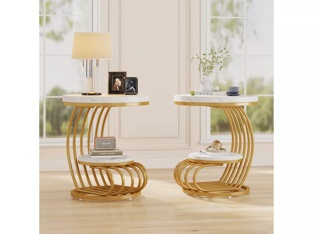 Table d'appoint en marbre Artificiel à 2 étages, Table de Chevet Moderne en Or Blanc avec Cadre en Forme d'arc en métal pour Salon (1PC)
