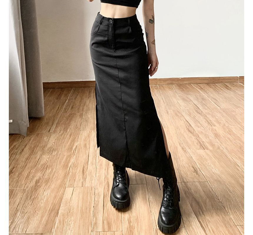 Sugarcoat - Hoge taille effen split midi kokerrok