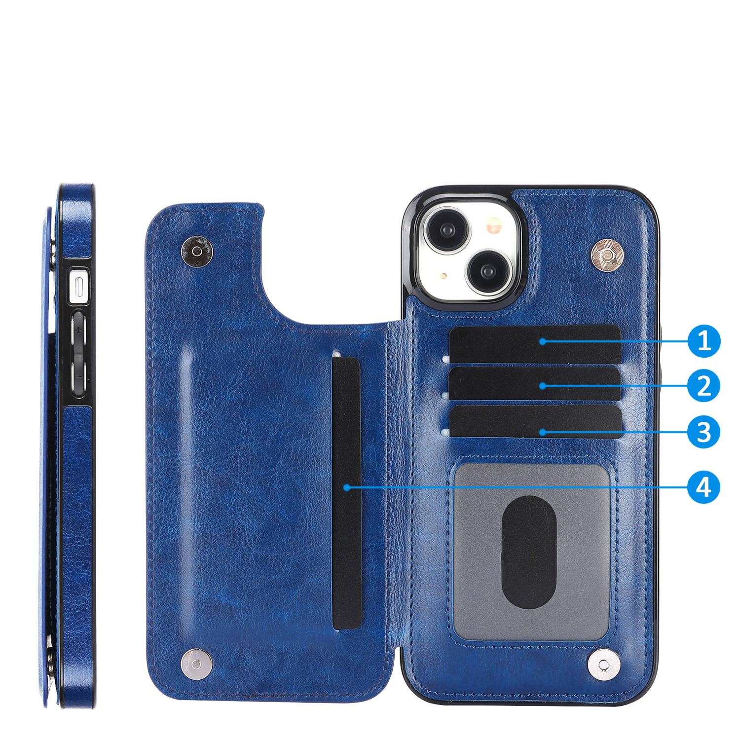 iPhone 15 Hybrid Leder Hülle mit Kartenfach   Kickstand Aufsteller - Blau