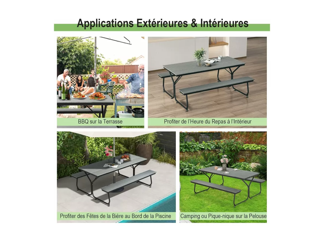 Ensemble Table et Bancs de Pique-Nique avec Cadre Métal, Ensemble de Jardin Imperméable pour 8 Personnes Banc Charge 500KG, pour Jardin Piscine, 183 x 150 x 76 cm (Gris)