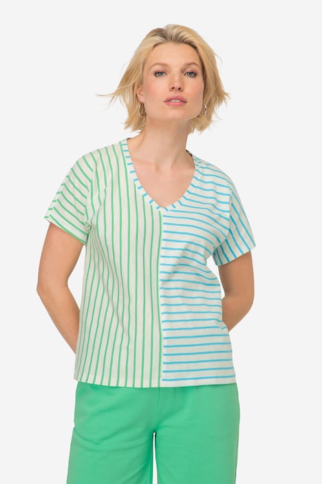 T-Shirt, Ringelmix, V-Ausschnitt, Halbarm, OEKO-TEX Made in Green