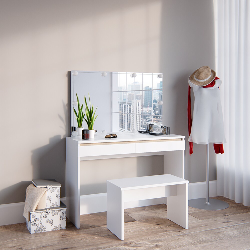 Vicco Schminktisch Emma Frisiertisch Frisierkommode Kommode Weiß Sonoma inklusive Bank, Spiegel und LED-Lichterkette