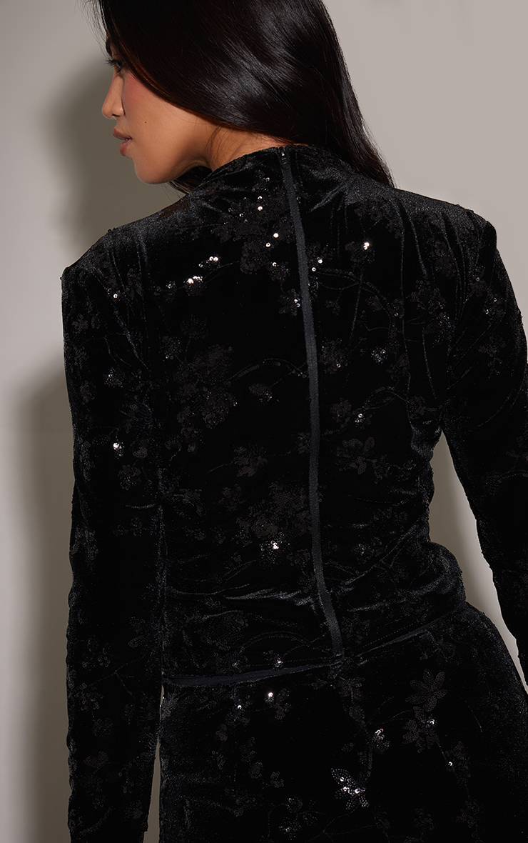 Noir Haut Col Montant En Velours À Sequins Motif Floral