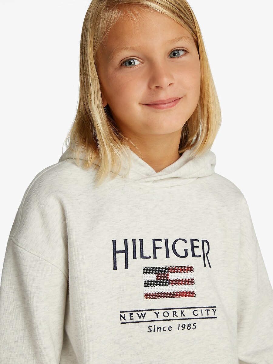 TOMMY HILFIGER<br>Moletom com capuz, logo com lantejoulas, tecido fleece
