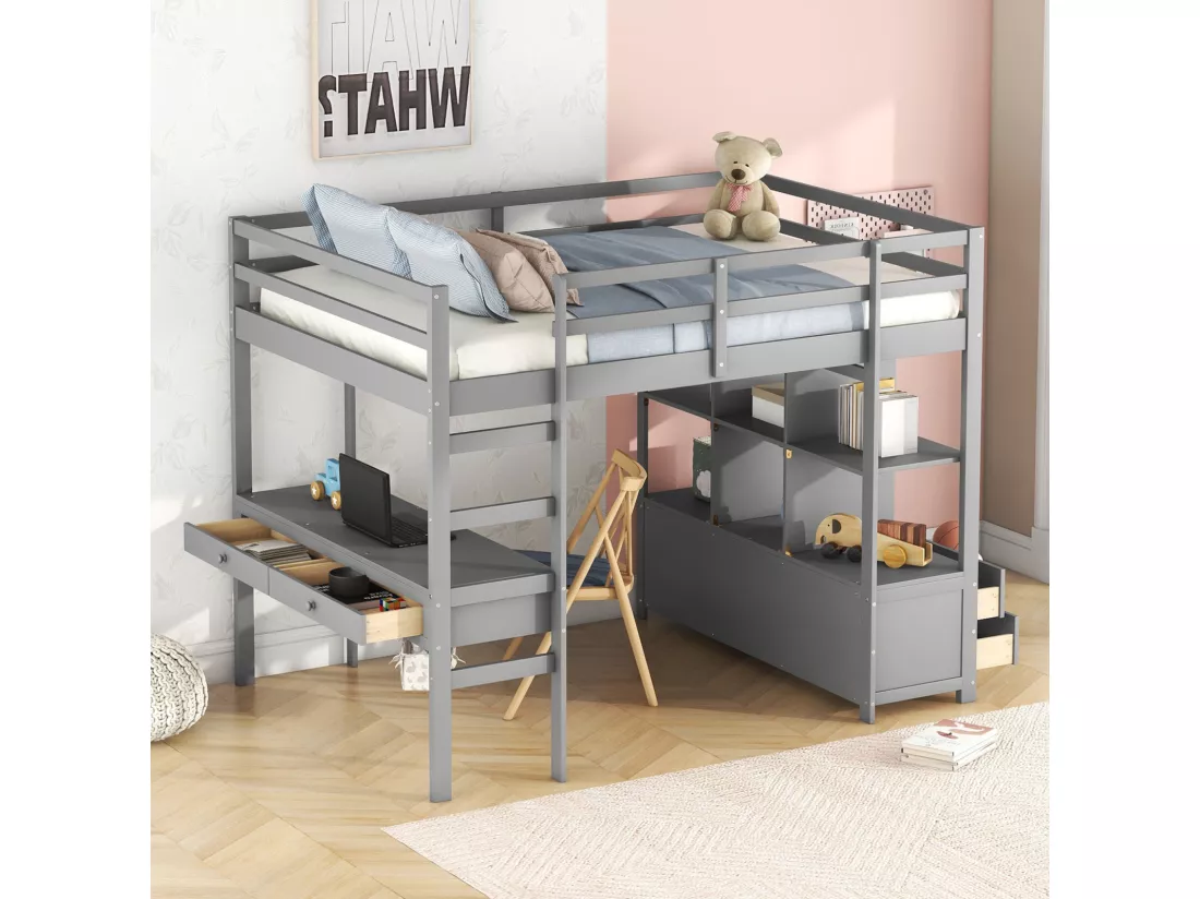 Lit mezzanine 140x200cm pour enfant - lit surélevé avec tiroirs de rangement, bureau et bibliothèque de rangement sous le lit - gris