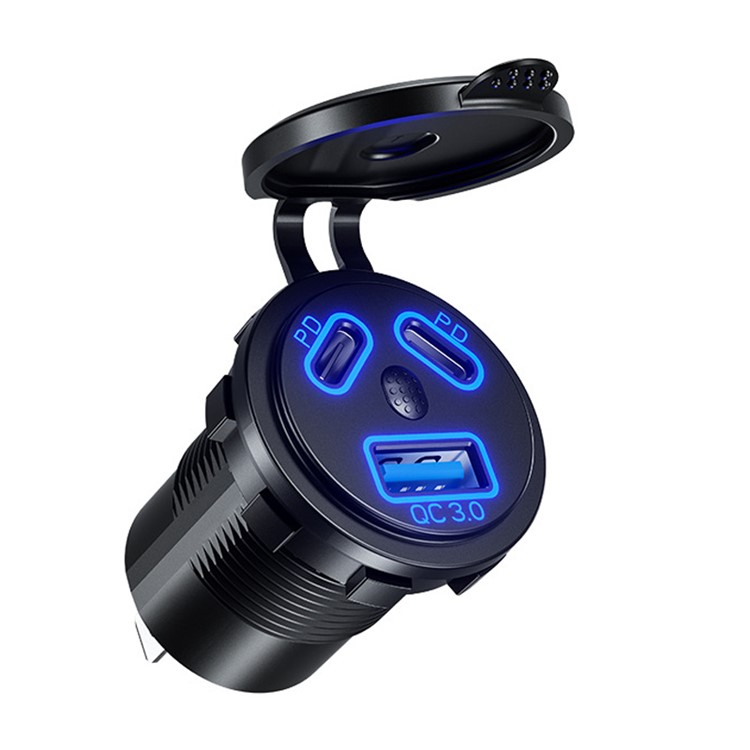 (45W) Universal USB A / 2x USB C Auto KFZ Ladegerät PD / QC mit LED Beleuchtung - Schwarz / Blau