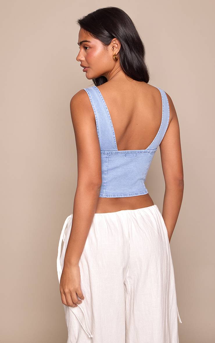 Bleu Clair Haut En Denim Décolleté À Boutons Recouverts